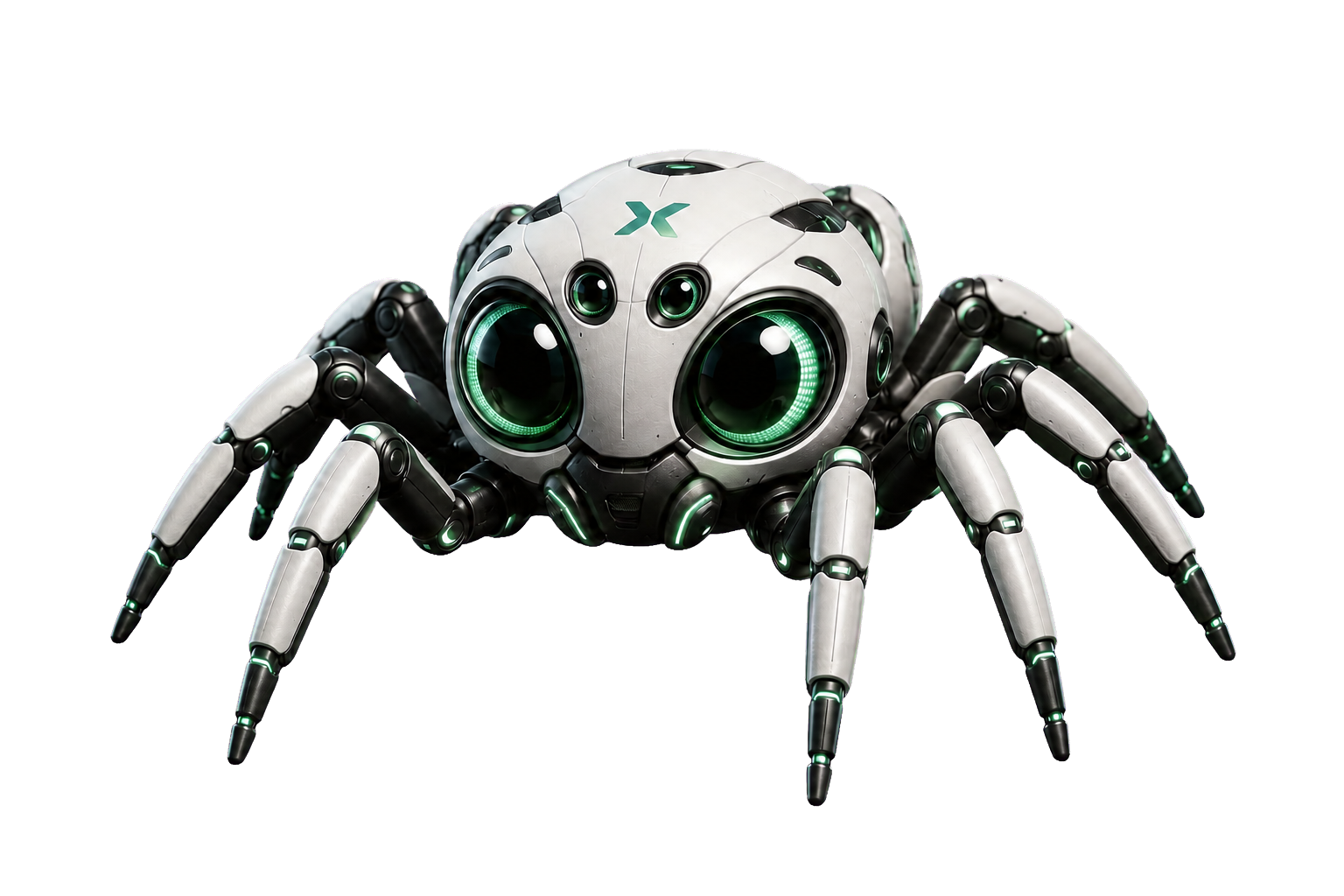 Biały robot o wielu odnóżach z zielonym podświetleniem